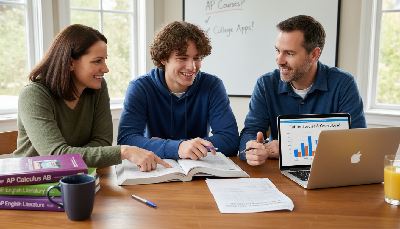 Photo Idea : A parents-and-student planning scene at a kitchen table with AP textbooks, a laptop showing a project, and a printed Digital SAT practice page visualizes the coordinated decision-making described in the article.
