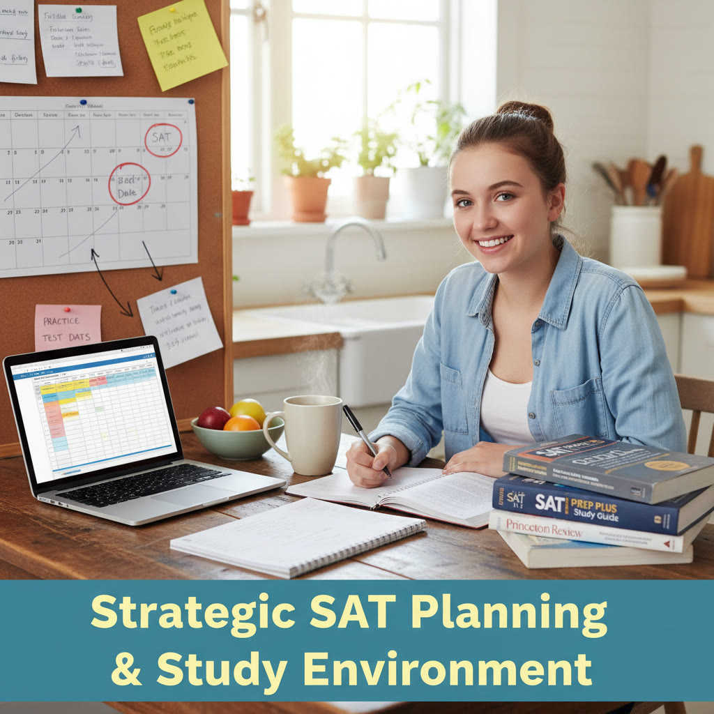 Photo idea: A student at a kitchen table surrounded by SAT prep books, laptop, and a calendar showing test dates — description: “Strategic SAT planning and study environment.”