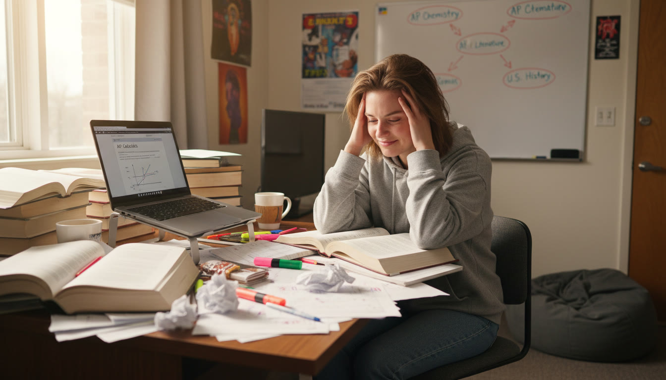 Photo Idea : A student at a desk surrounded by notes and a laptop, hands on head in a thoughtful, slightly frustrated pose — conveys empathy with the plateau moment.