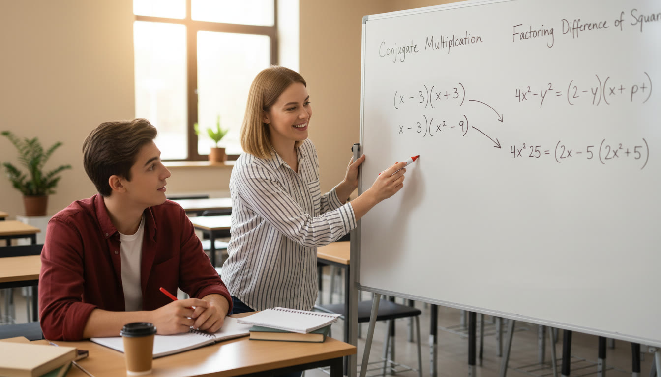 Photo Idea : A whiteboard or classroom scene showing a teacher or tutor illustrating a conjugate multiplication and factoring example, implying guided learning and the benefit of 1-on-1 instruction.