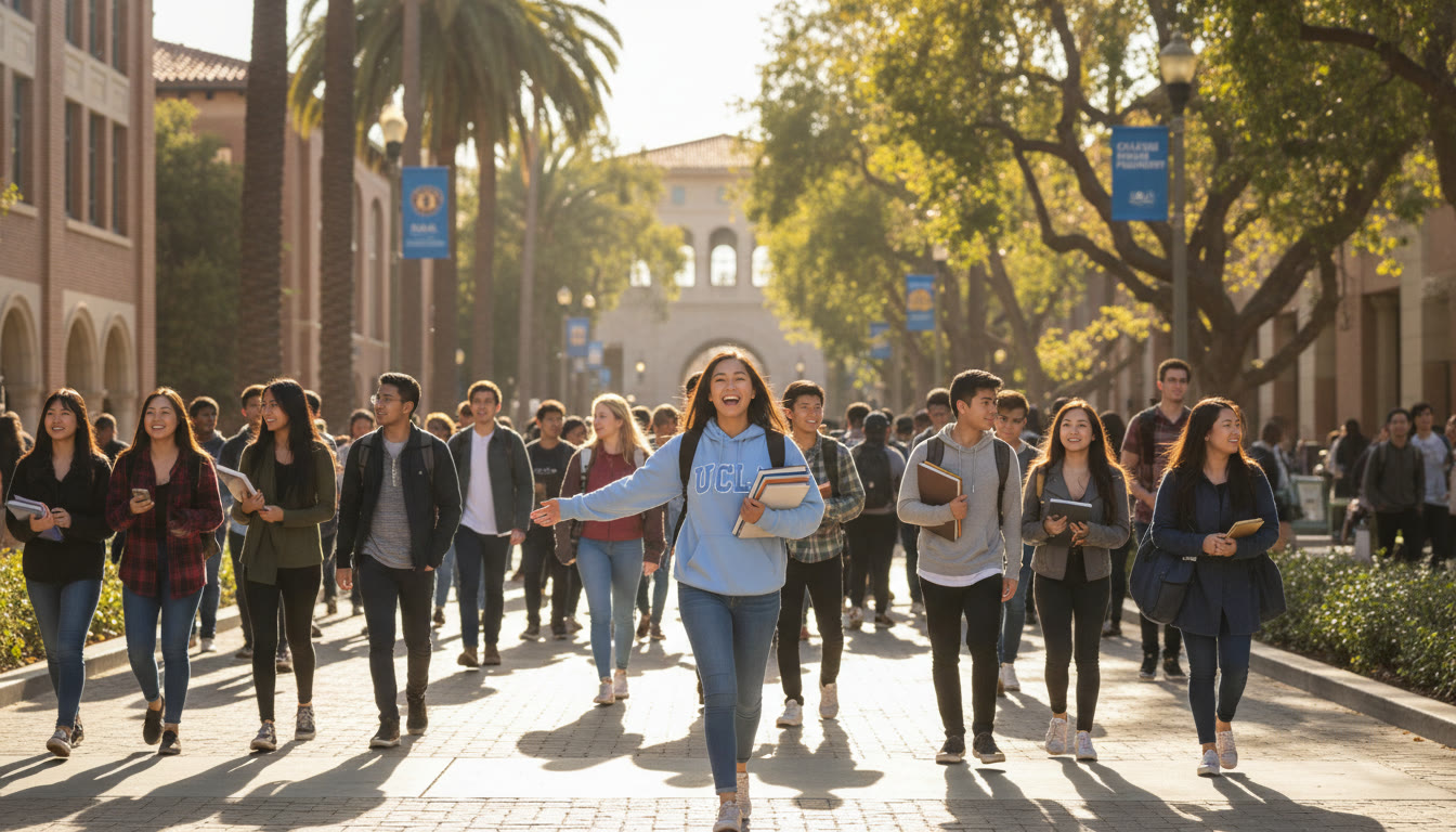 Photo Idea : A busy UCLA campus walkway in sunlight with diverse students walking between classes, capturing the energy of a student newly freed to take advanced courses thanks to AP credit.