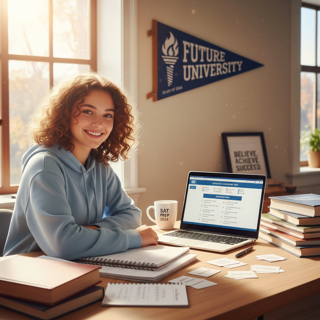 Photo Idea : A confident student studying at a sunlit desk with a laptop open to practice SAT material, notes around, and a motivational college pennant in the background.