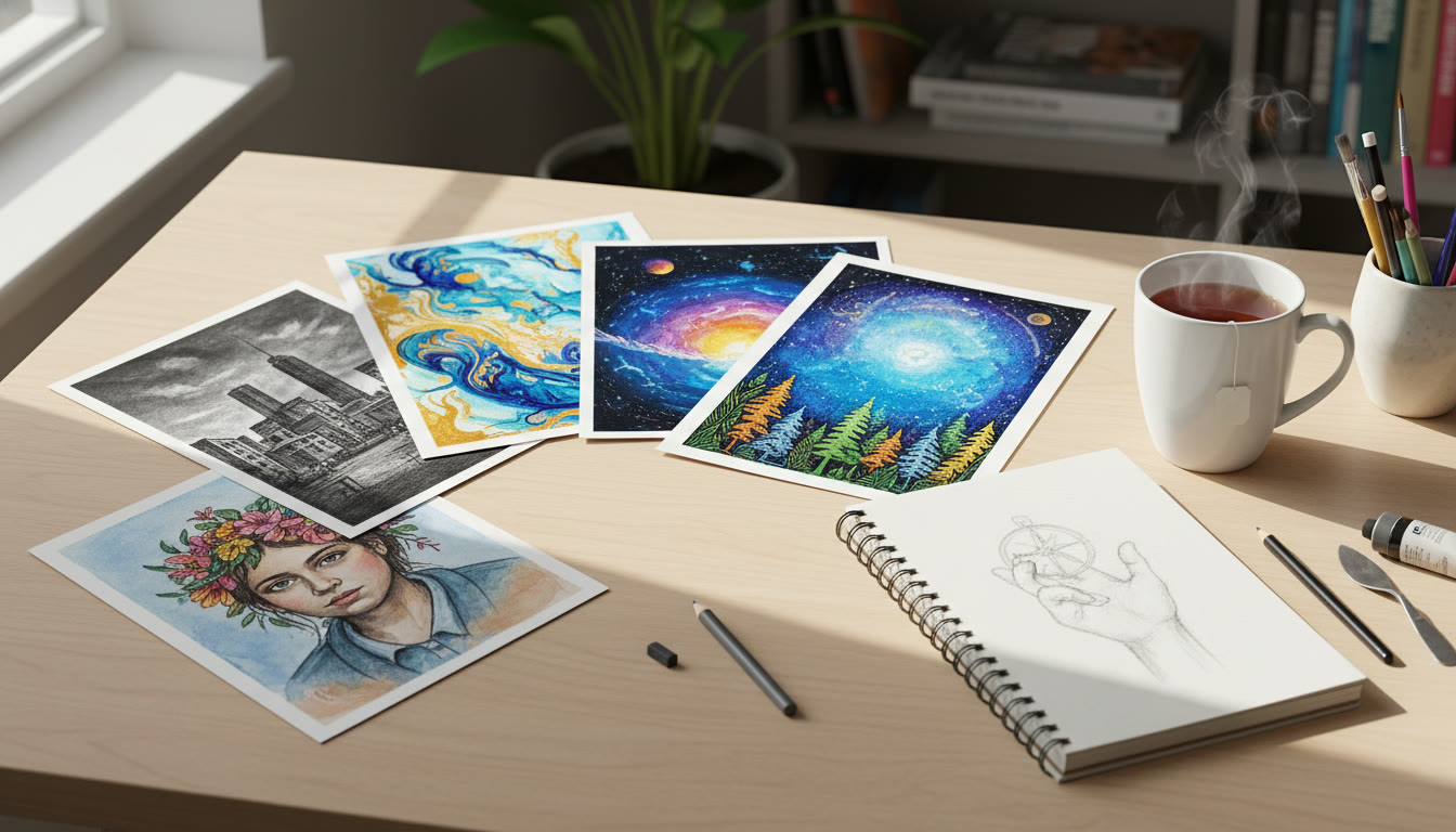 Photo Idea : A bright, organized desk with five physical artworks (or prints) fanned out, a sketchbook open beside them, and a cup of tea—evoking calm, deliberate curation.