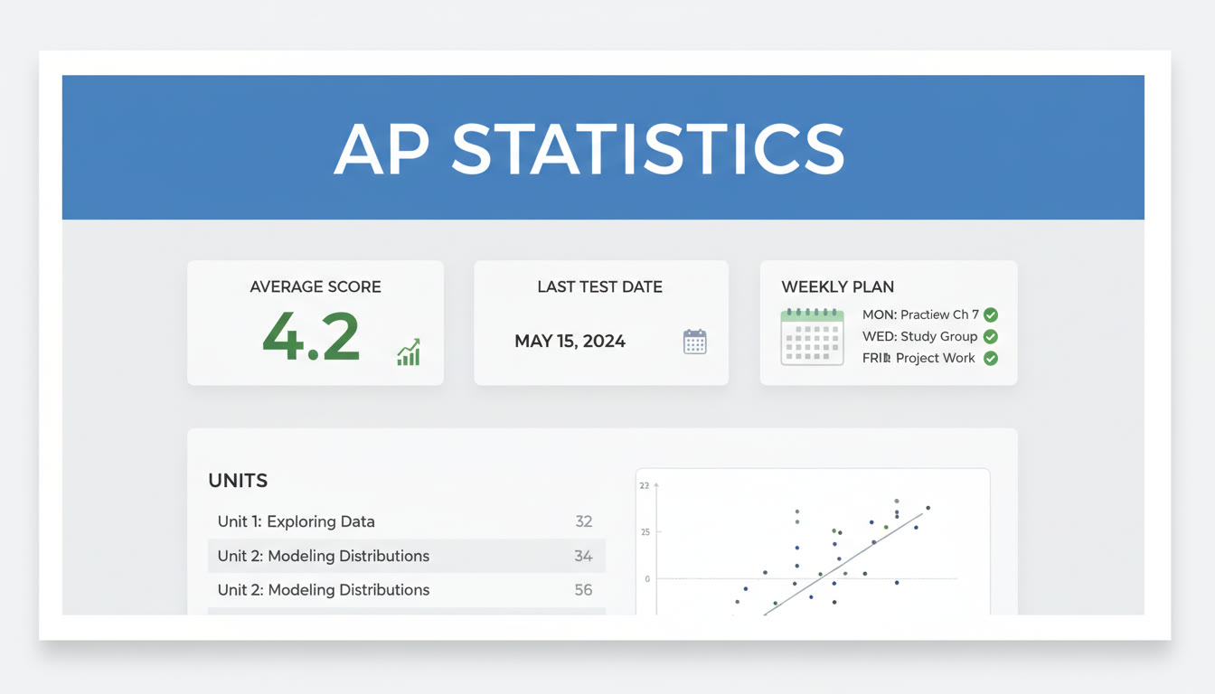 Photo Idea : A screenshot-style mockup of an AP course page in Notion with rollups showing average score, last test date, and a mini weekly plan. Place this image where the article explains metrics so readers can picture the dashboard.