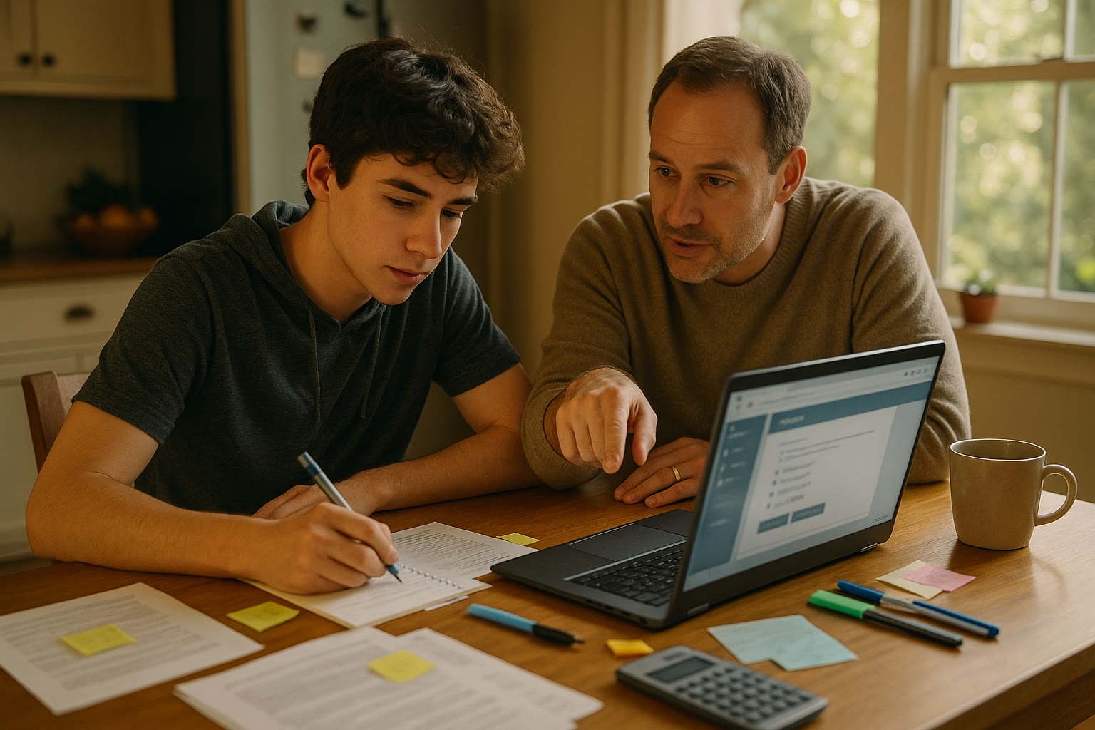 Photo Idea : A student and parent sitting at a kitchen table with a laptop open, discussing test materials, with sticky notes and practice tests visible.