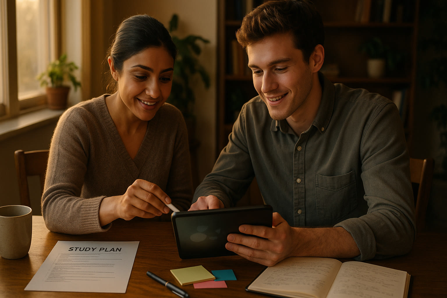 Photo Idea : A tutor and student working together over a tablet, with notes and a printed study plan—warm, collaborative vibe that suggests personalized guidance.
