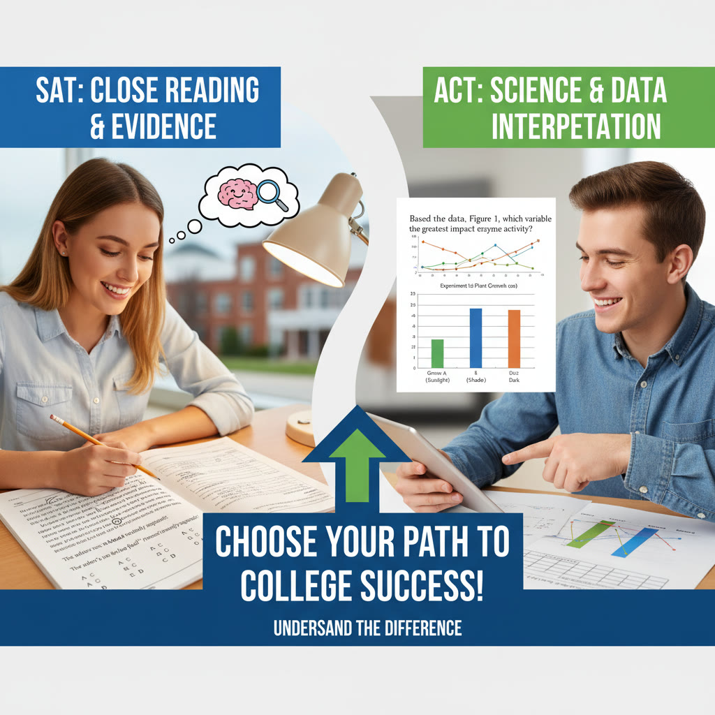 Conceptual image idea: Split-screen illustration showing SAT-style close reading on one side and ACT science/data interpretation on the other—visualizing the test differences.