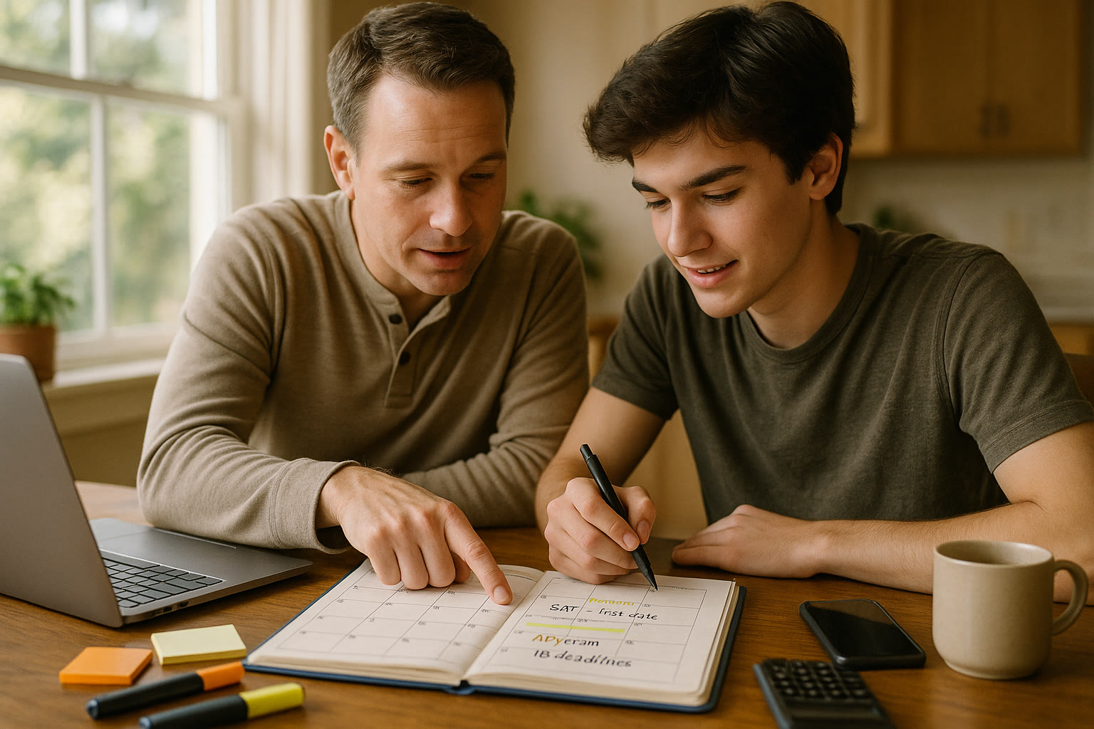 Photo Idea : A parent and teen reviewing a planner together with SAT and AP/IB deadlines, conveying partnership and planning.