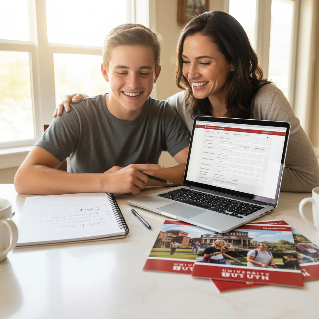 Photo Idea : A student and parent at a kitchen table, laptop open, filling out an application—soft natural light, University of Utah brochures and a notebook with “SAT plan” written on it.