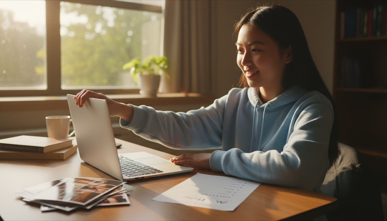 Photo Idea : A calm morning-after scene: a student closing a laptop with a small portfolio printout and cue sheet on the desk, sunlight pouring in. The image suggests closure and quiet confidence.