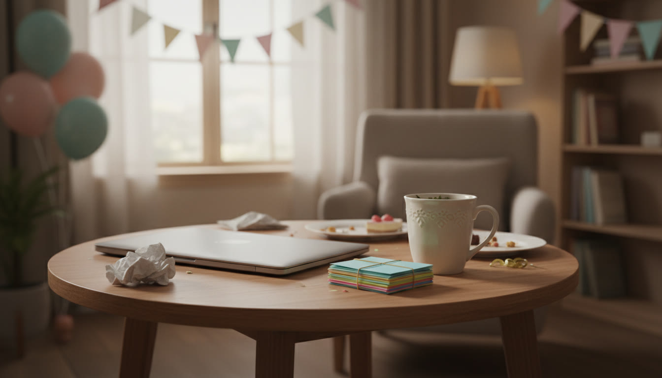 Photo Idea : A small table after a family celebration with a closed laptop, a neat stack of flashcards, and a mug—symbolizes transition from celebration back to short, calm study.