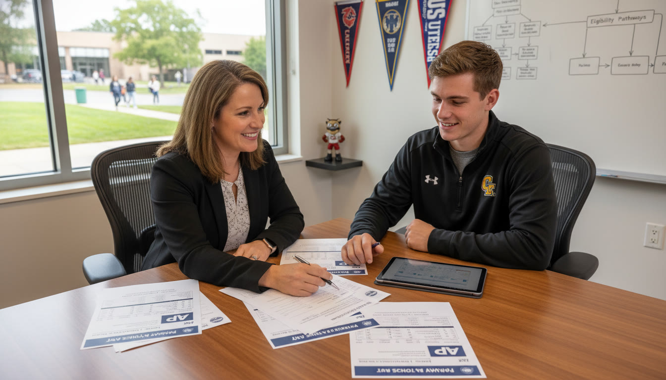 Photo Idea : A campus advising office scene with an athletic compliance officer and a student reviewing AP score reports — illustrating collaboration and planning for eligibility and placement.