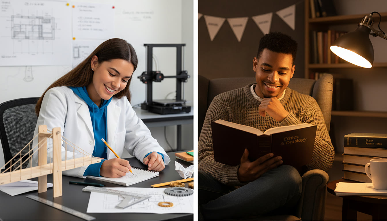 Photo Idea : A split-frame photo showing a student in a lab coat sketching a bridge model on one side, and on the other, a student beneath a lamp reading a philosophy book and taking handwritten notes. The image visually contrasts engineering and liberal arts pursuits while tying them together through the shared AP experience.