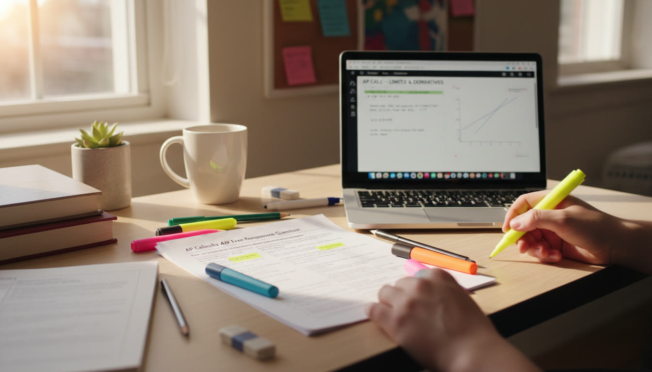 Photo Idea : A bright study desk with a printed AP FRQ prompt, highlighter pens, and a laptop open to notes — conveys preparedness and focus.