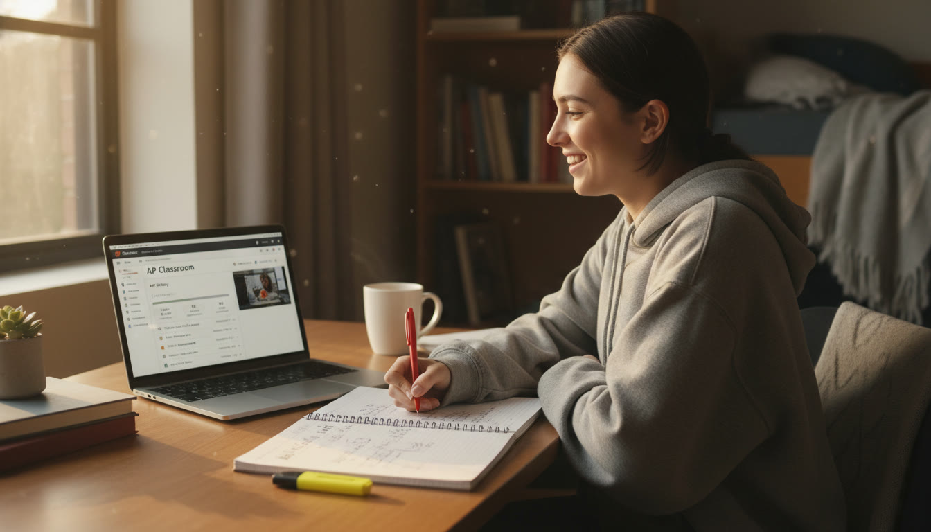Photo Idea : A calm study scene with a student annotating AP Biology lab notes beside a laptop showing an AP Classroom dashboard; warm light, realistic, candid.