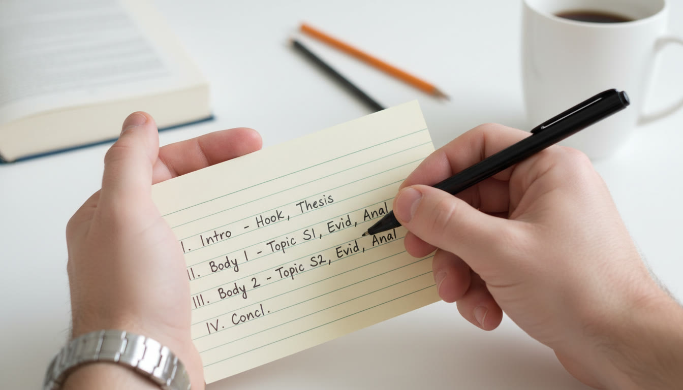Photo Idea : Close-up of a hand writing an essay outline on a minimal notecard, with a watch showing time — conveys time management and pre-exam calm. Place this image near the test-day section to illustrate ritualized preparation.