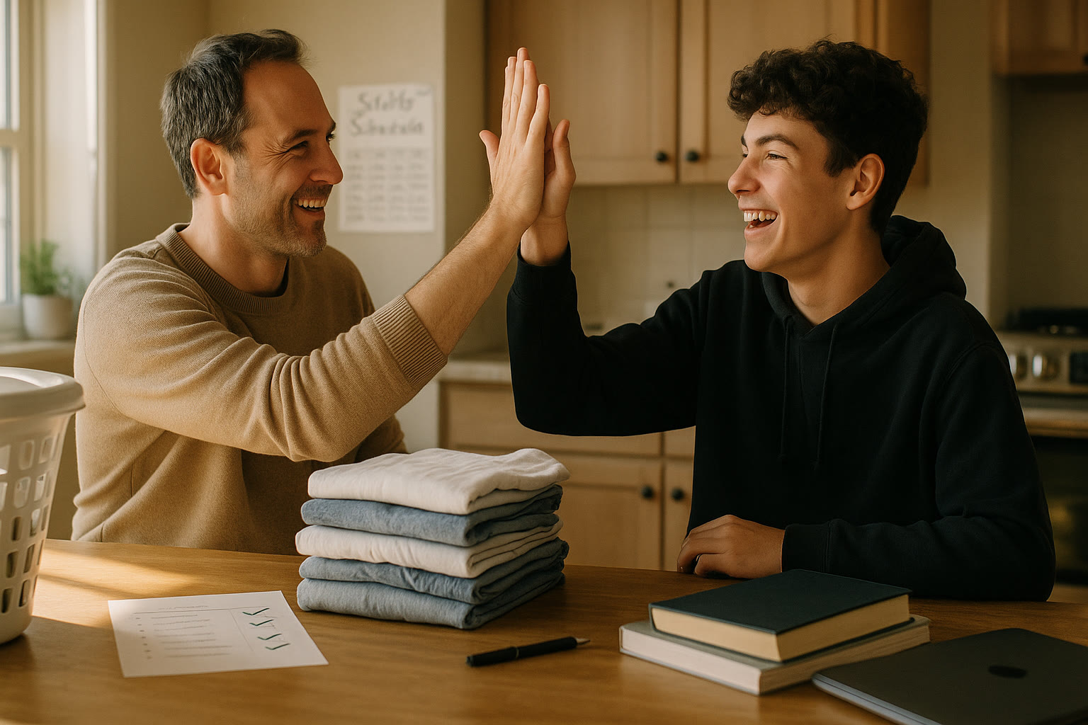 Photo Idea : A joyful small scene of a parent and teen high-fiving over a completed household task with a visible study schedule on the wall in the background.