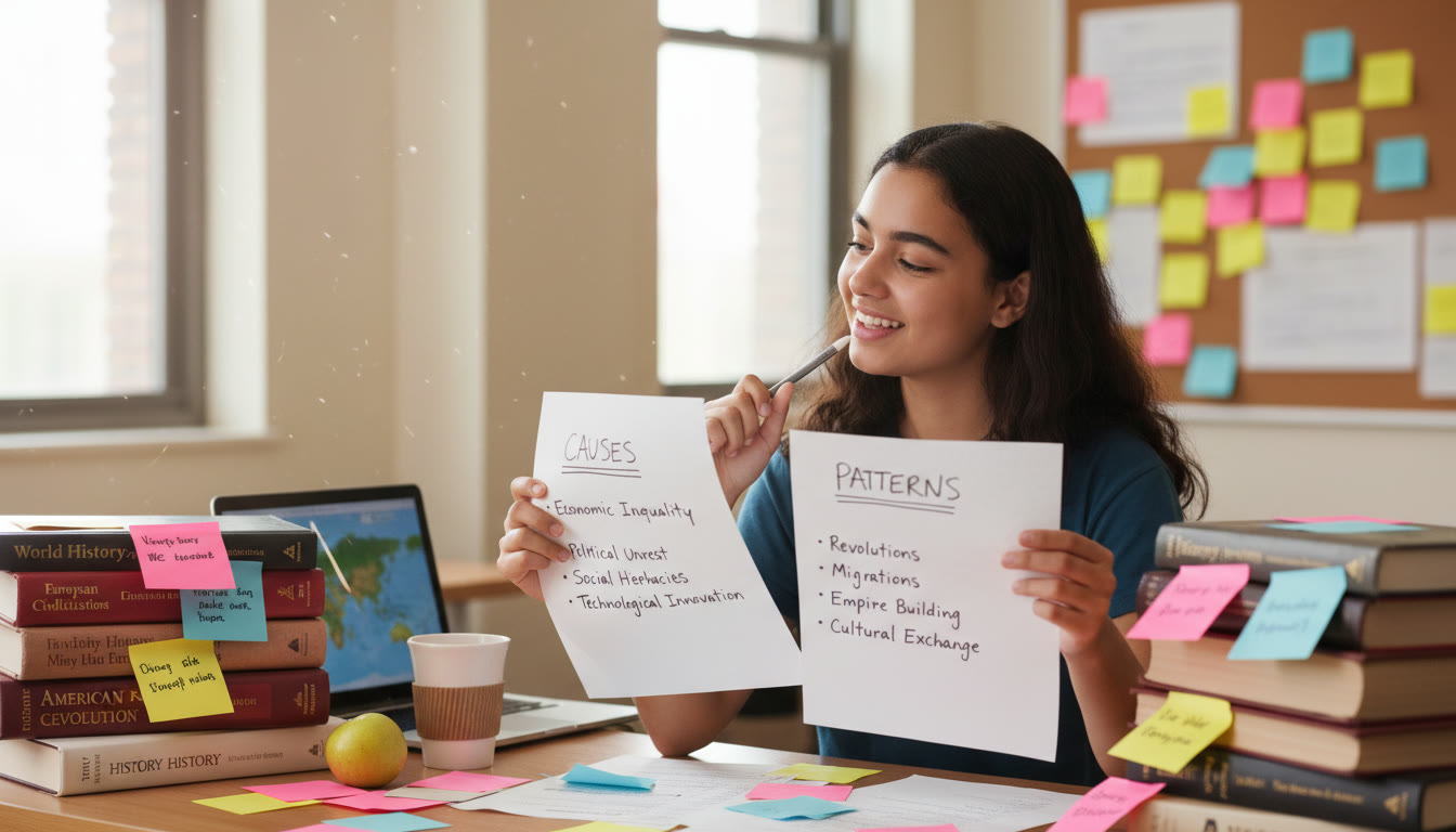 Photo Idea : A student at a desk surrounded by history textbooks and sticky notes, thinking while comparing two charts—one labeled “Causes” and the other labeled “Patterns.”
