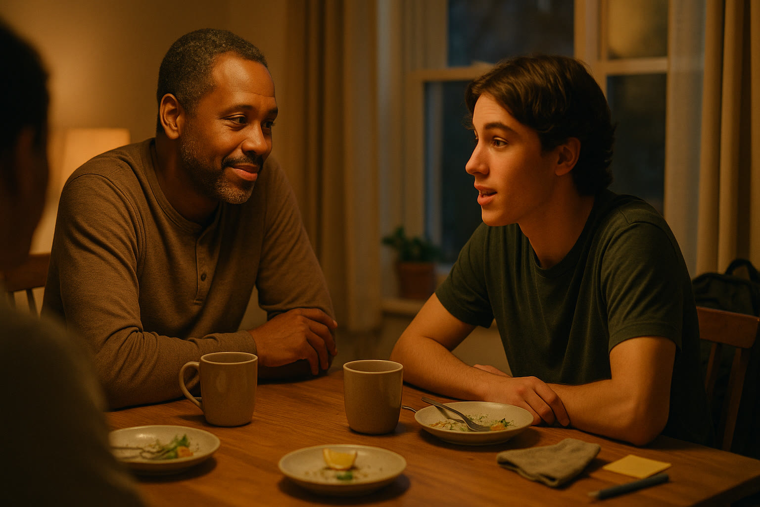 Photo Idea : Evening scene of a family finishing a light dinner, two mugs on the table, a candid moment where a parent listens to a teen—emphasizing connection before test day.