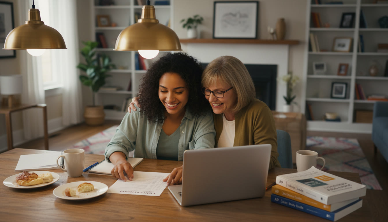 Photo Idea : A bright, candid photo of a student and parent looking over a college credit evaluation sheet with a laptop and AP study guides on the table — warm household lighting, relaxed atmosphere. This image would appear near the top to ground the topic in real family planning.