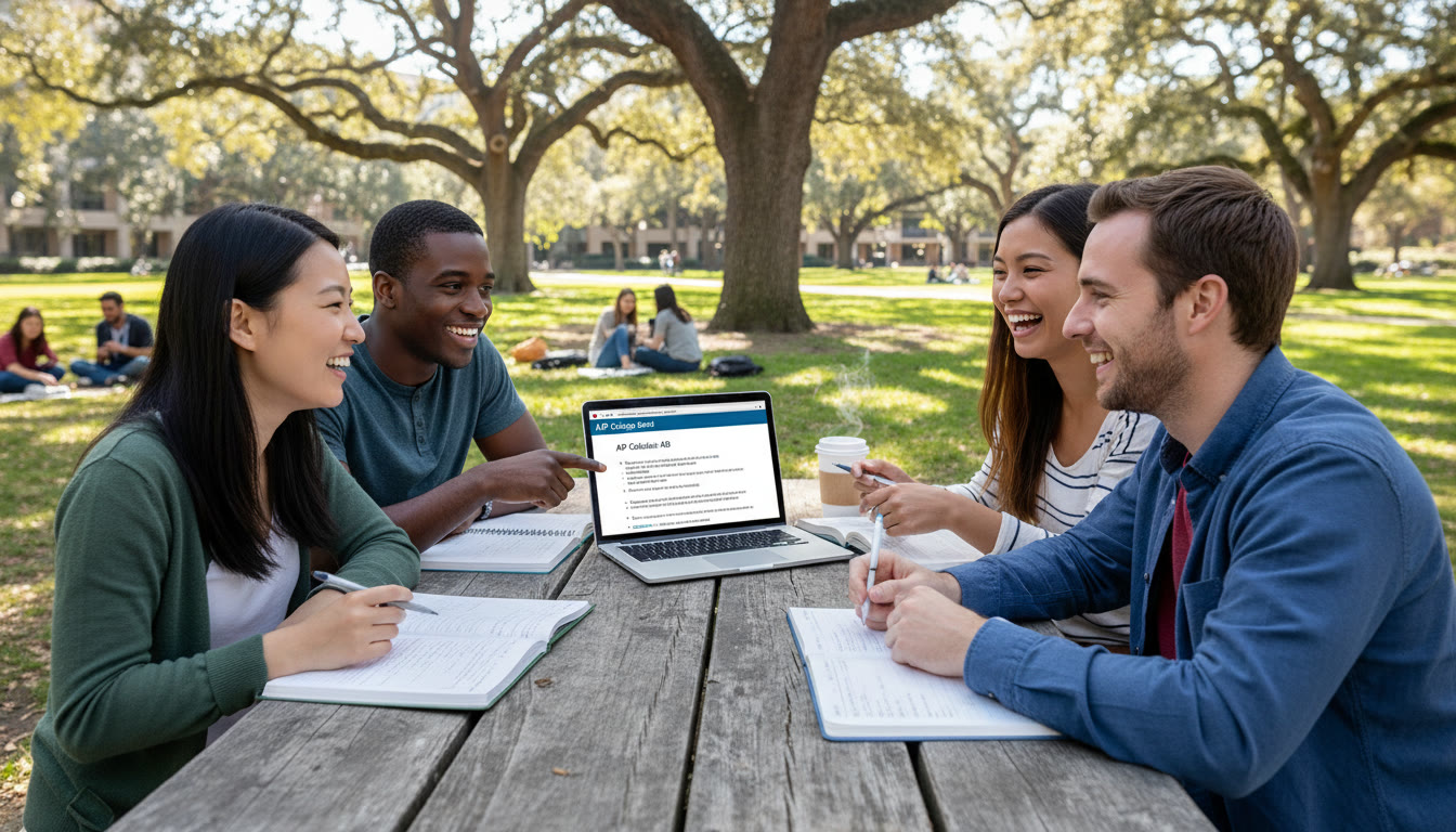 Photo Idea : A bright, candid shot of a diverse group of college students studying together at a campus quad table with notebooks, a laptop showing an AP practice question, and a coffee cup — conveys collaboration and focused ambition.