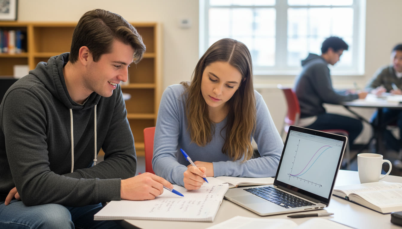 Photo Idea : A small group tutoring session with a student and a tutor going over a free-response problem on paper, laptop showing a graph — conveys personalized guidance and collaborative focus.