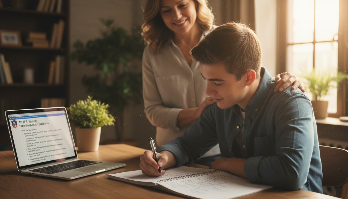 Photo Idea : A student at a table writing on a blue-ruled notebook, with a laptop open to sample AP FRQs and a parent nearby offering a supportive hand on the shoulder — warm natural light, calm focus.