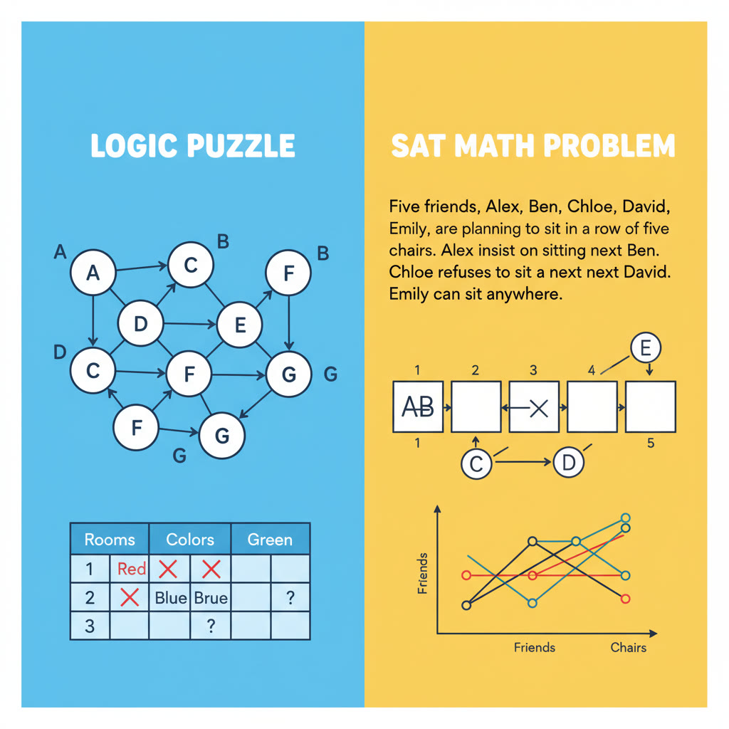 Illustration idea: A split image showing a logic game diagram on one side and an SAT math word problem transformed into the same diagram format on the other.