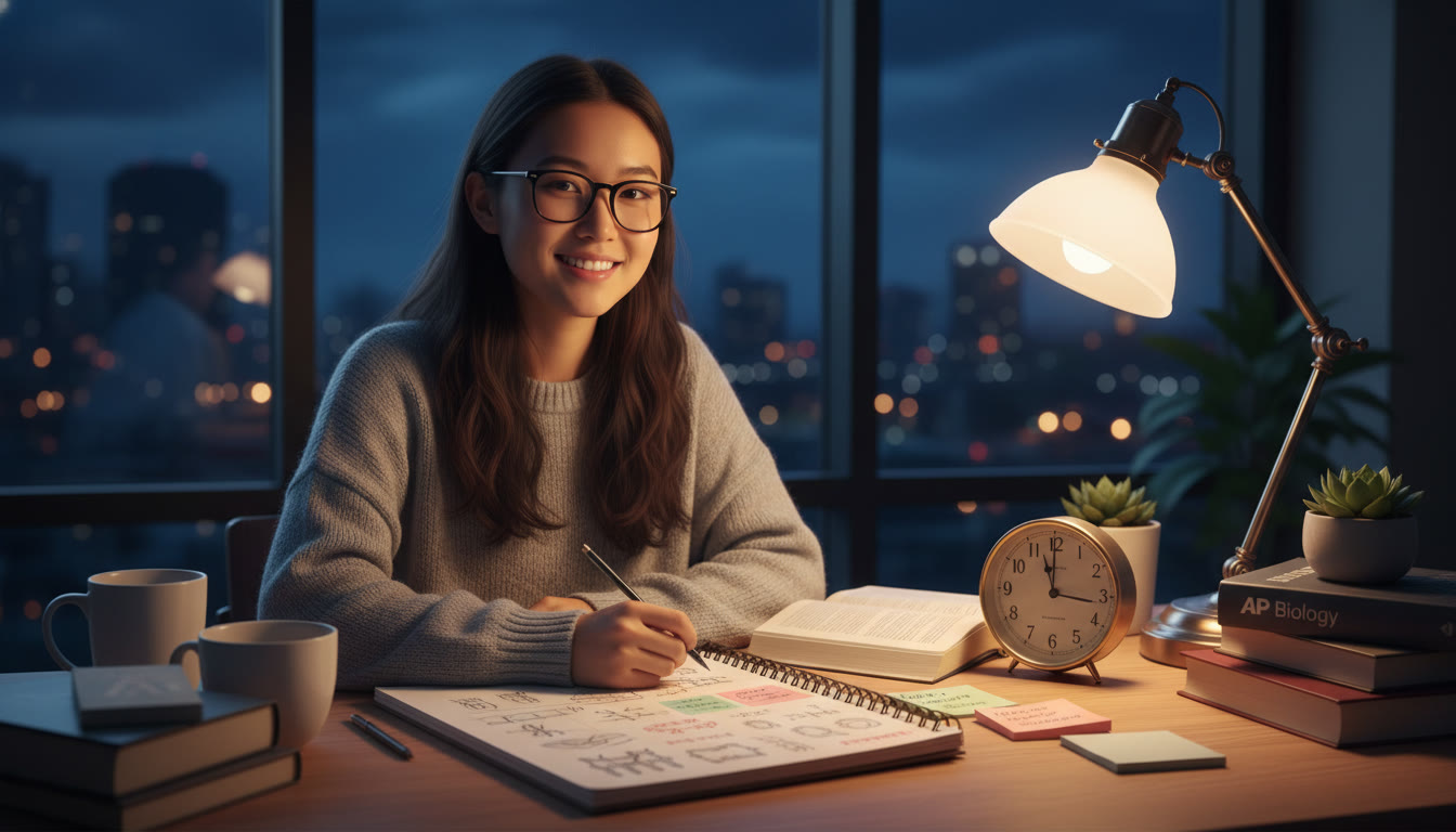 Photo Idea : A student at a desk under a warm lamp, a lab notebook open with neat sketches and sticky notes; the scene is calm and focused, with a small clock showing late evening.