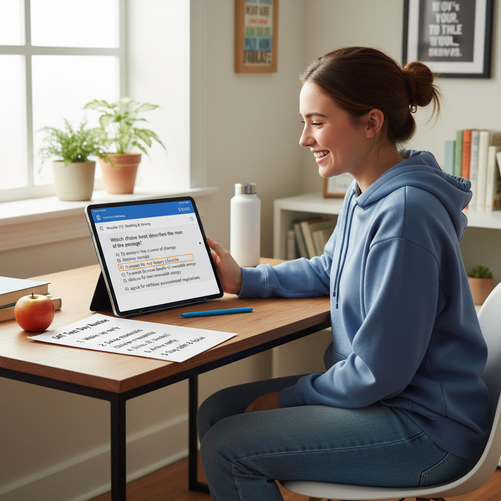 Photo Idea : A student taking a full-length digital SAT practice on a tablet in a quiet room, with a visible on-screen interface mockup and a printed checklist next to them to mimic test-day routine.