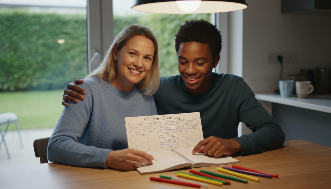 Photo Idea : A parent and teen at a kitchen table, softly lit, with a notebook open showing an error-log chart and colored pens — capturing an atmosphere of calm collaboration.