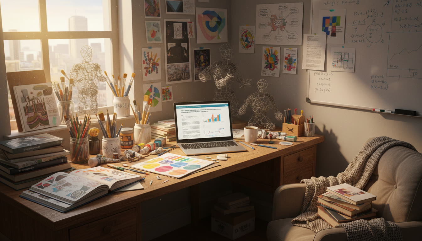 Photo Idea : A bright studio corner with mixed-media supplies, sketchbooks, and a laptop open to a research document—symbolizing the overlap of creative practice and academic inquiry.