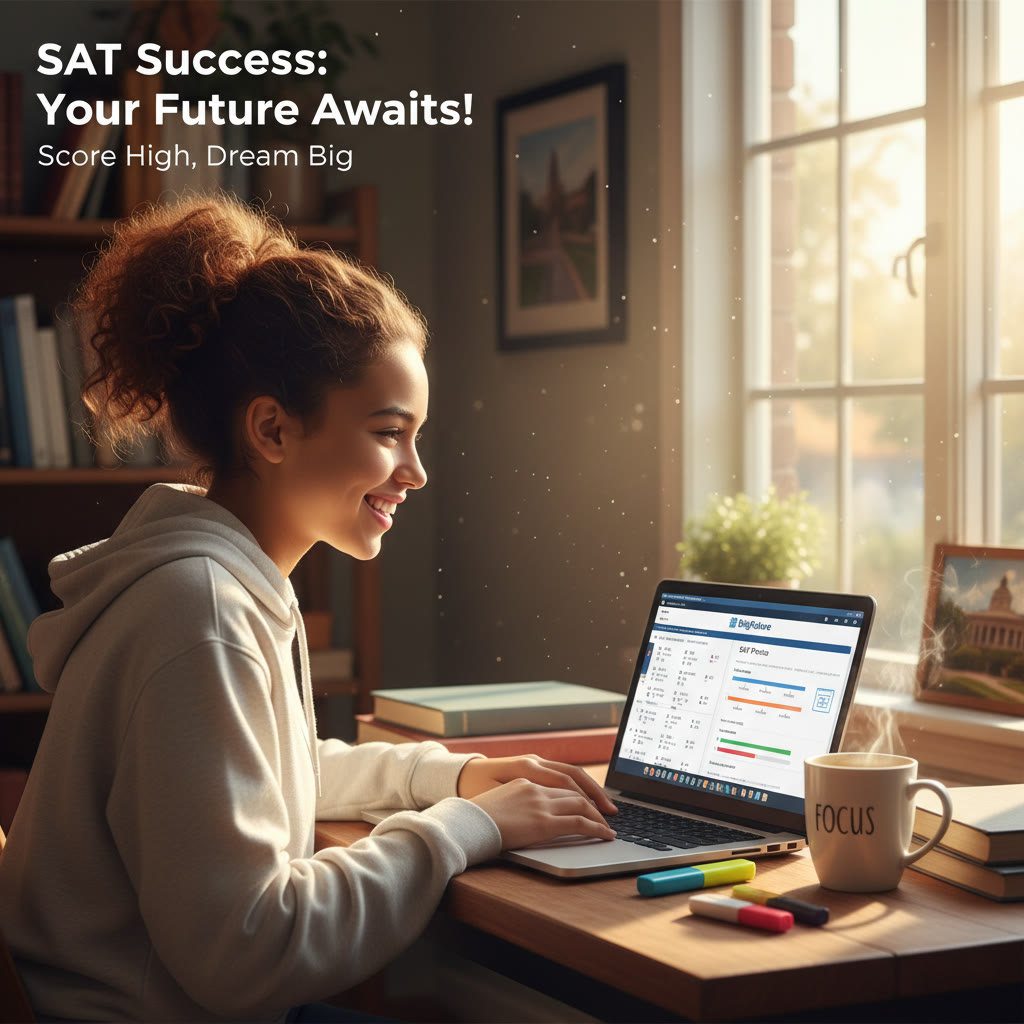 Photo Idea : A bright, candid shot of a high school student studying at a desk with a laptop showing practice problems and a College Board or BigFuture dashboard on screen; natural light, a coffee mug nearby.