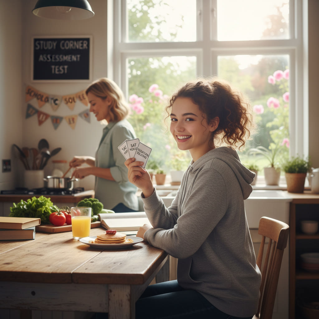 Study corner in a cozy kitchen: a student using flashcards at the breakfast table while a parent prepares meals in the background — shows blending family life and micro-study moments.