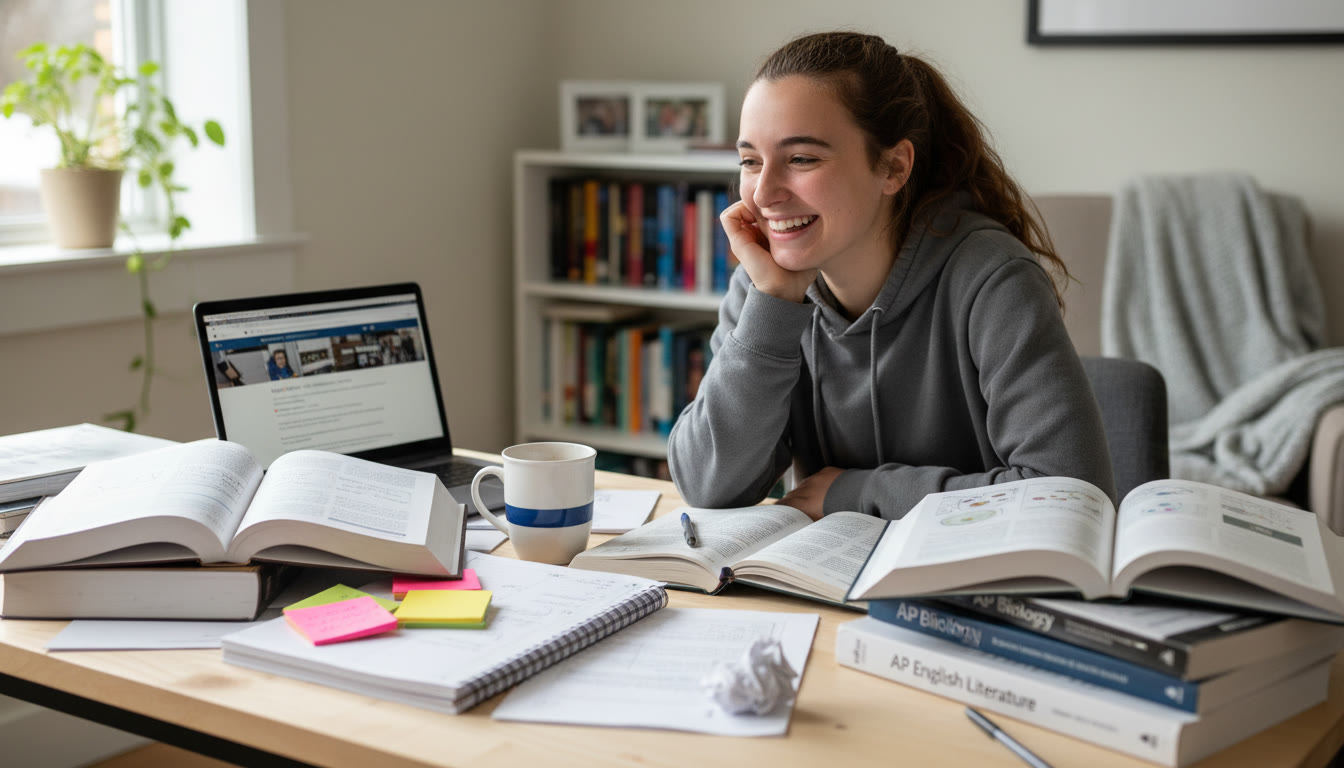 Photo Idea : A bright, candid photo of a high school student at a desk with open AP textbooks (Calculus, English, Biology), a laptop, sticky notes, and a coffee mug—conveys focus and cross-subject study.
