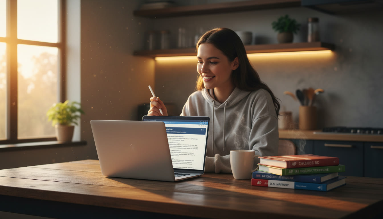 Photo Idea : A calm early-evening scene of a student at a kitchen table, a small stack of AP review books to one side and a laptop open to a Digital SAT practice section   this shows the contrast and overlap of the two study modes.