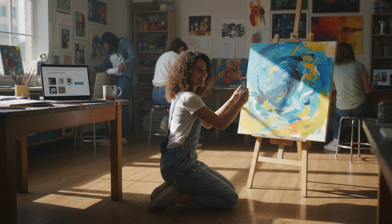 Photo Idea : A bright high school art studio with a student photographing a finished piece for a digital portfolio, laptop open to an upload screen. This image belongs early in the article to help readers visualize the AP Art submission process.