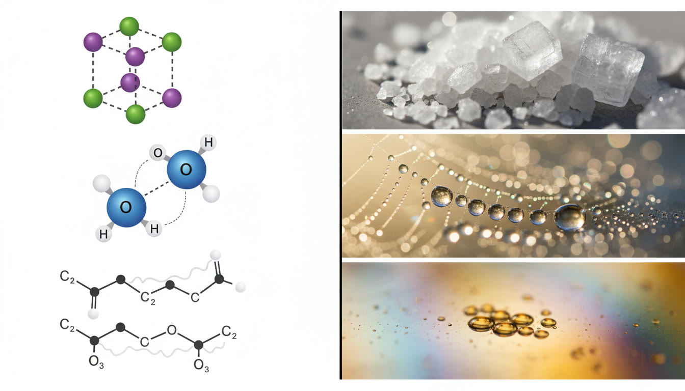 Photo Idea : An infographic-style image showing a split view: left side shows atomic/molecular diagrams (ionic lattice, H-bonding dimer, dispersion between hydrocarbons), right side shows corresponding real-world examples (sea salt crystals, water droplets, oil droplets). Clean, educational layout.