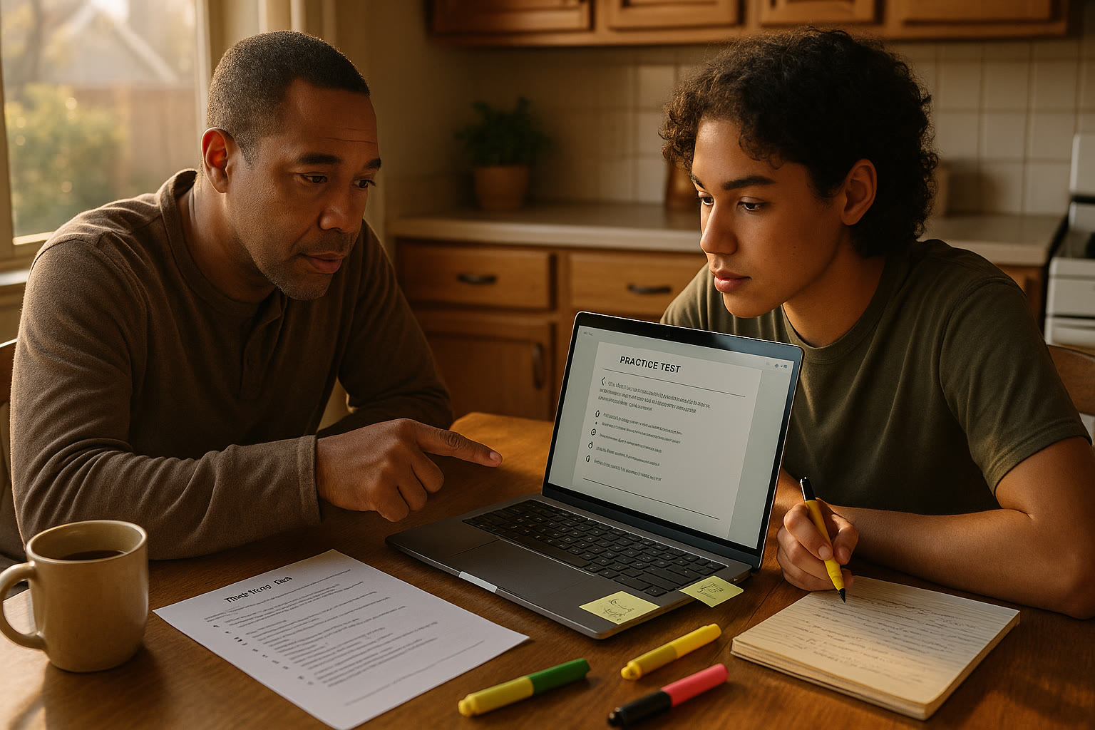 Photo Idea : A parent and teen at kitchen table, laptop open with practice test on screen, sticky notes and highlighters around — warm afternoon light, collaborative mood.