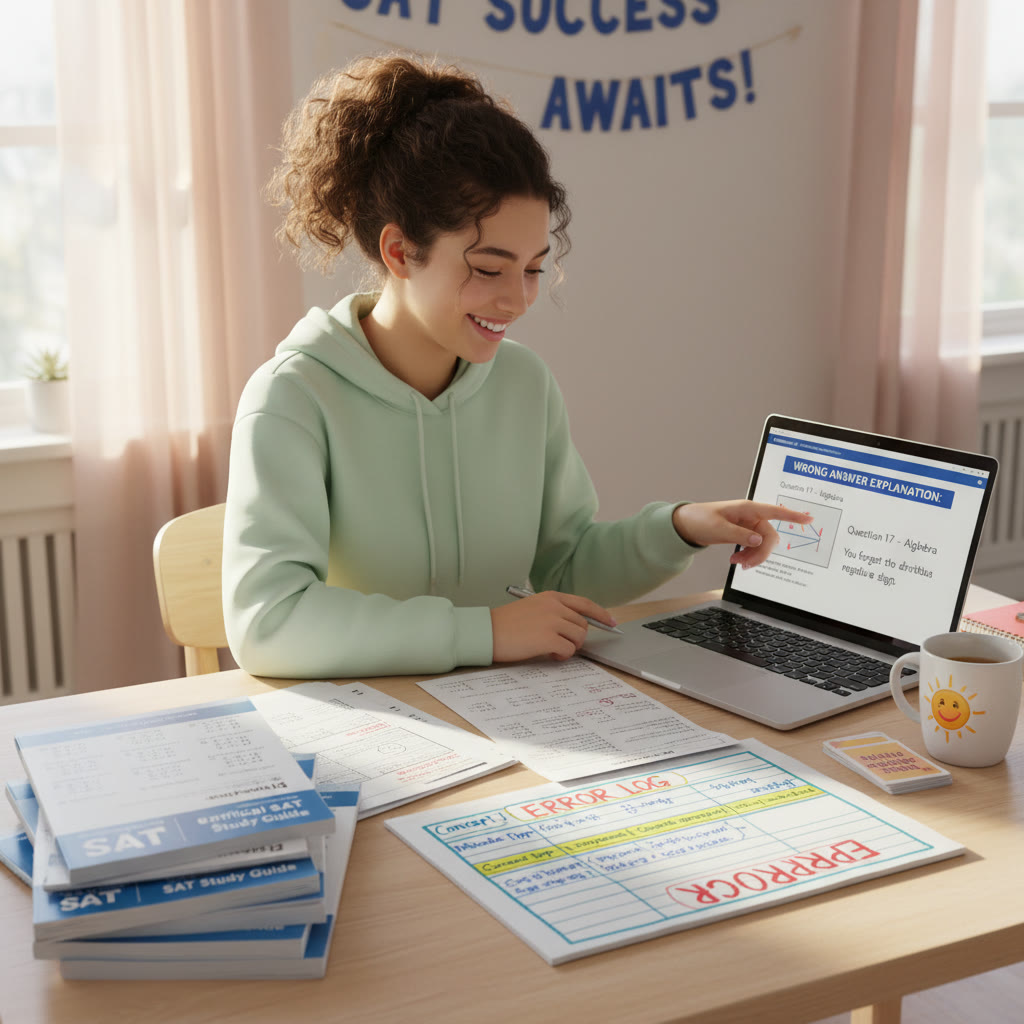 Student studying at a desk with practice test pages, colorful error log, and a laptop displaying a wrong-answer explanation.
