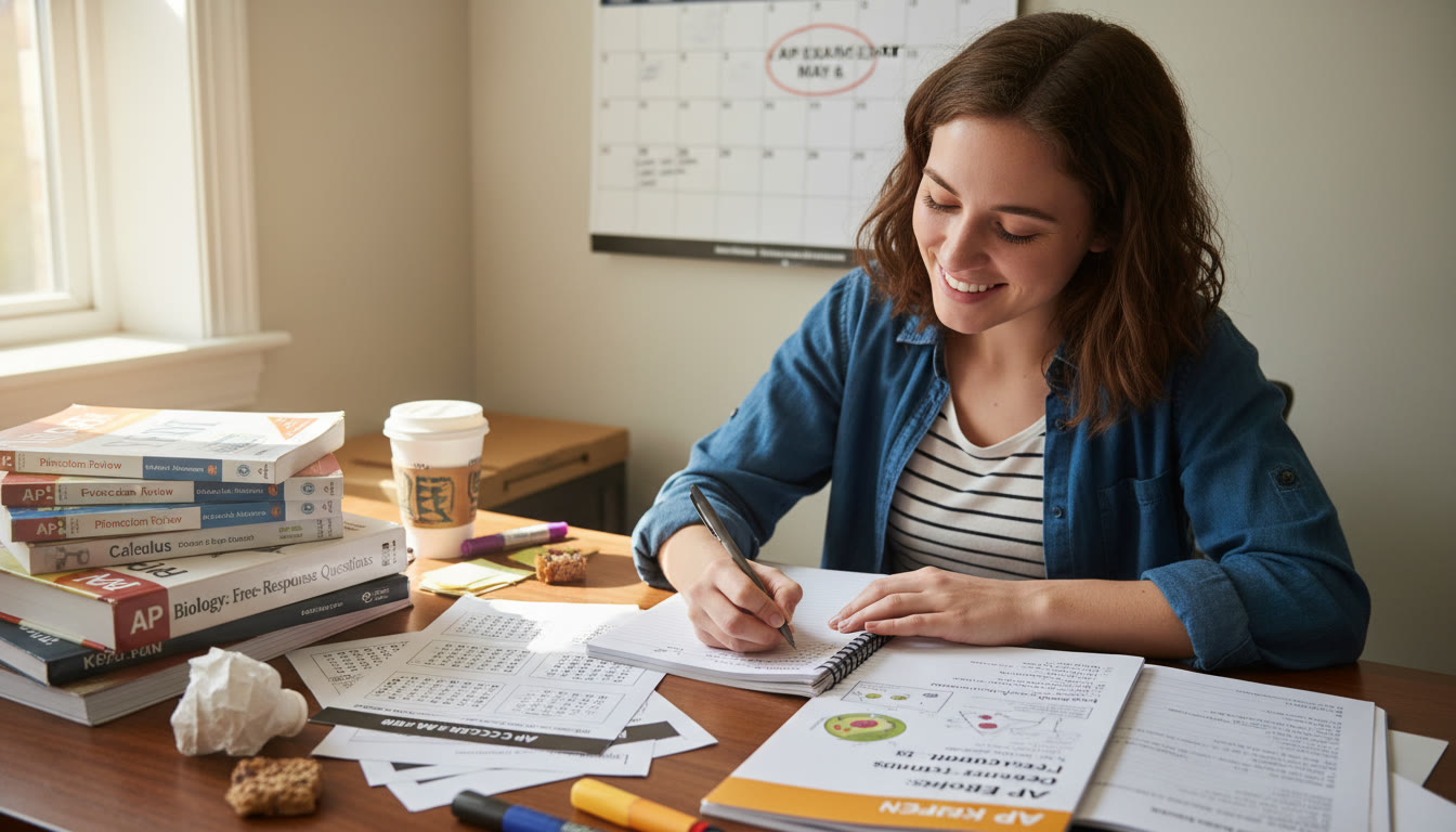 Photo Idea : A student at a desk surrounded by AP prep materials, one hand on multiple-choice practice sheets and the other writing in a free-response booklet—capturing the transition from tactic to explanation.