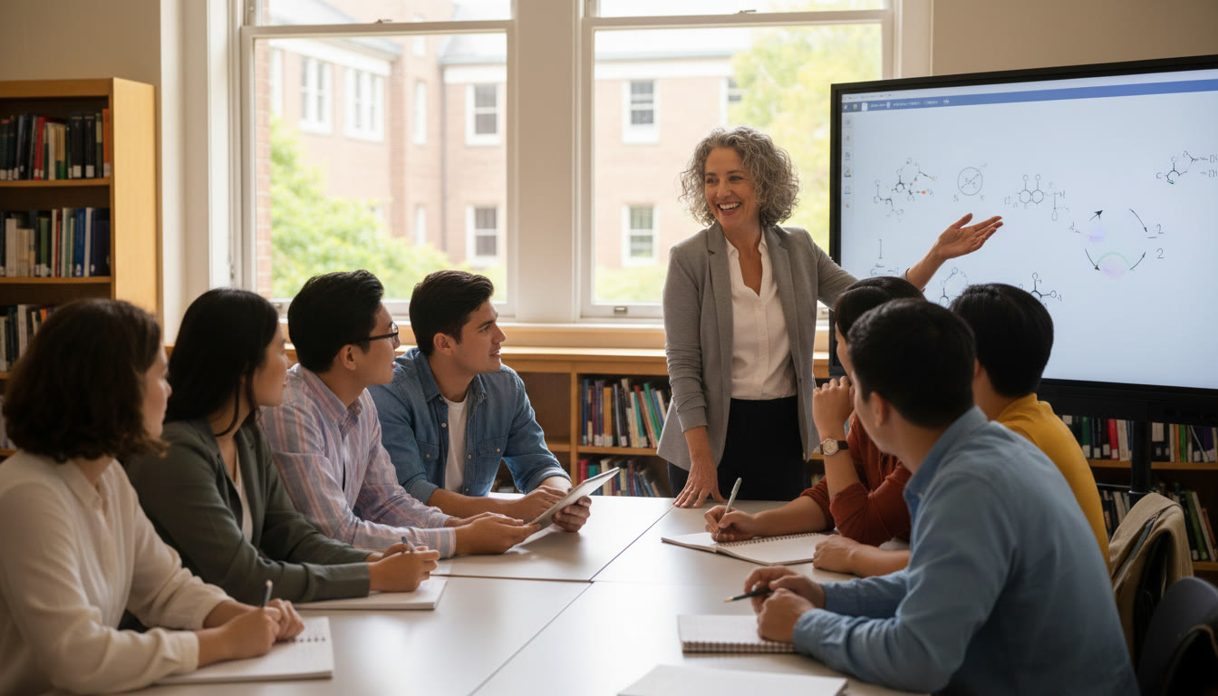Photo Idea : A classroom scene mid-lecture with an engaged professor and a small group of students—ideal for illustrating 