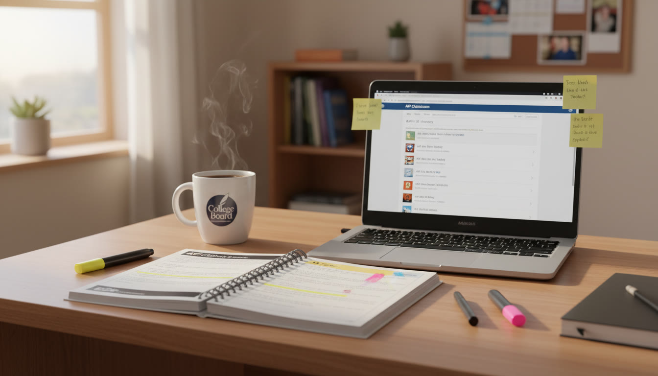 Photo Idea : A neatly organized study desk with a printed CED, highlighters, and a laptop open to an AP Classroom page — natural morning light, coffee mug beside the materials.
