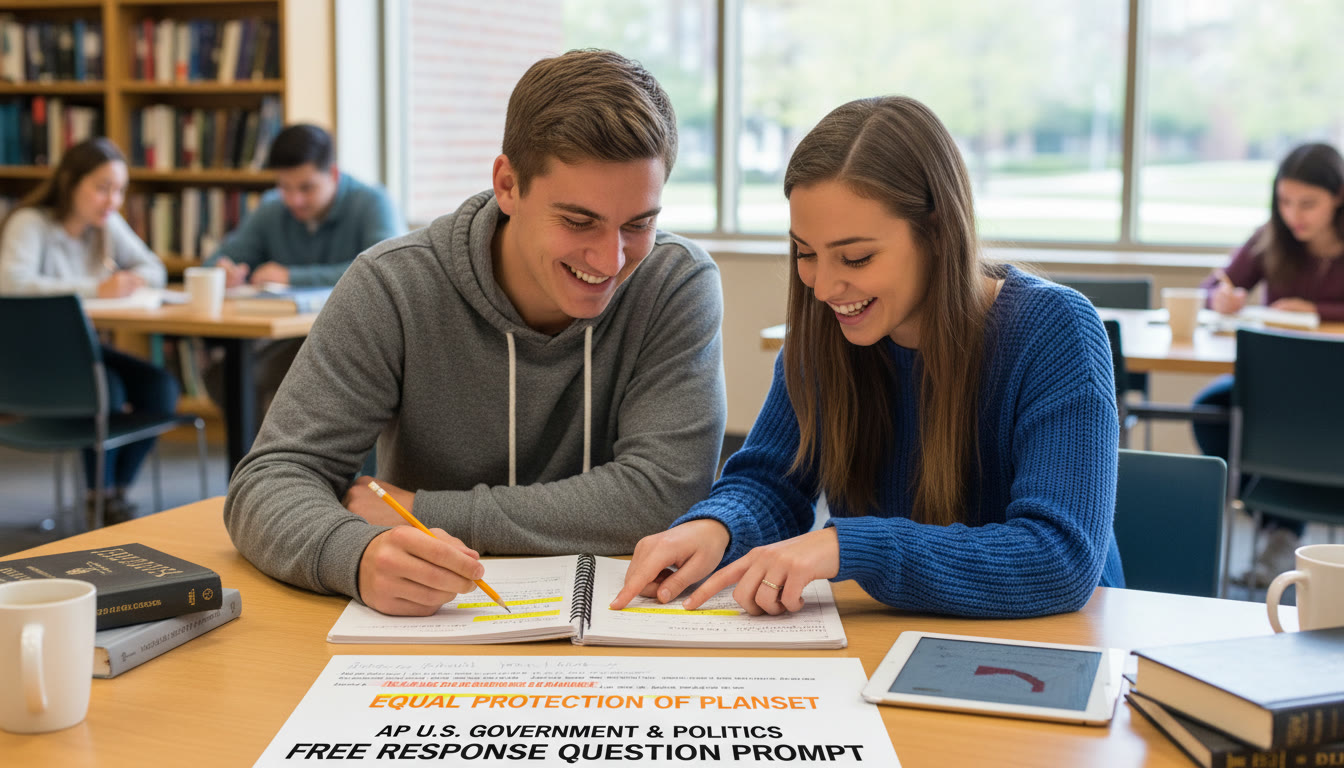 Photo Idea : A study session scene with a student and a tutor discussing a prompt, both pointing at a notebook with highlighted constitutional clauses — highlights the collaborative, personalized tutoring benefit.