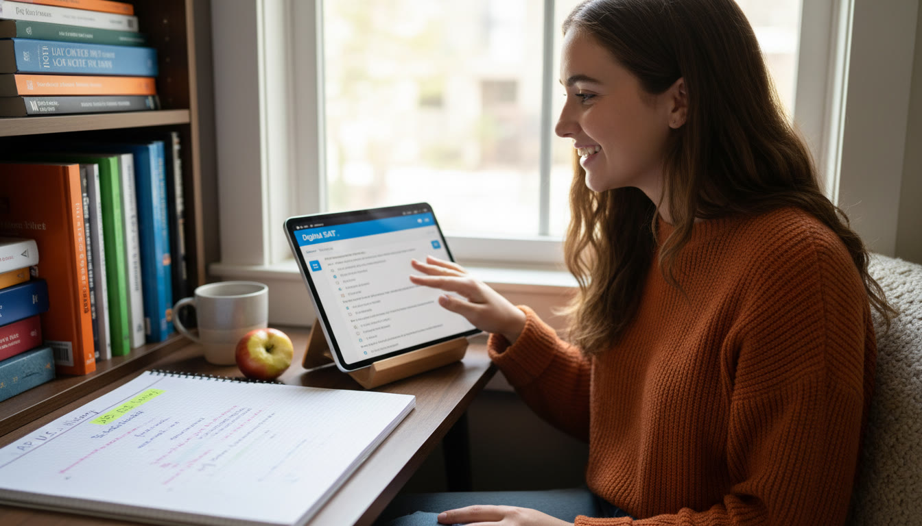Photo Idea : A hopeful scene of a student in a small study nook with a tablet showing a practice Digital SAT section and a notebook open with AP notes   suggests focused, blended preparation using both exam formats.