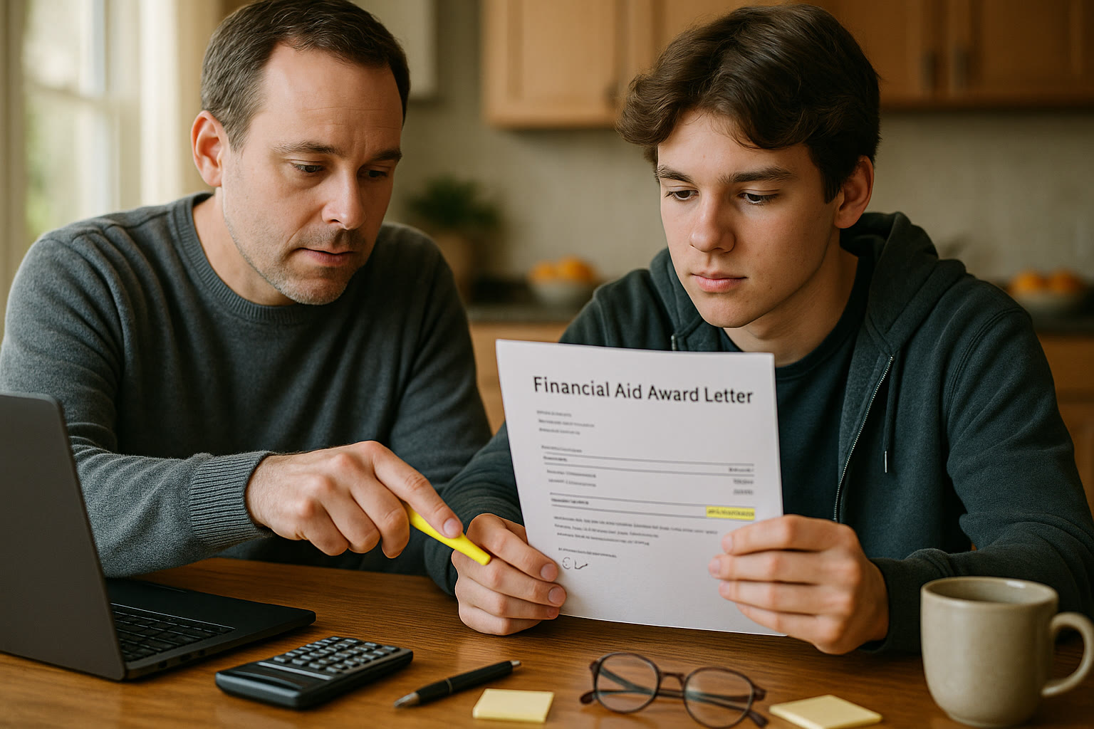 Photo Idea : A parent and teen at a kitchen table, reviewing a college’s financial aid award letter and highlighting the merit scholarship line.