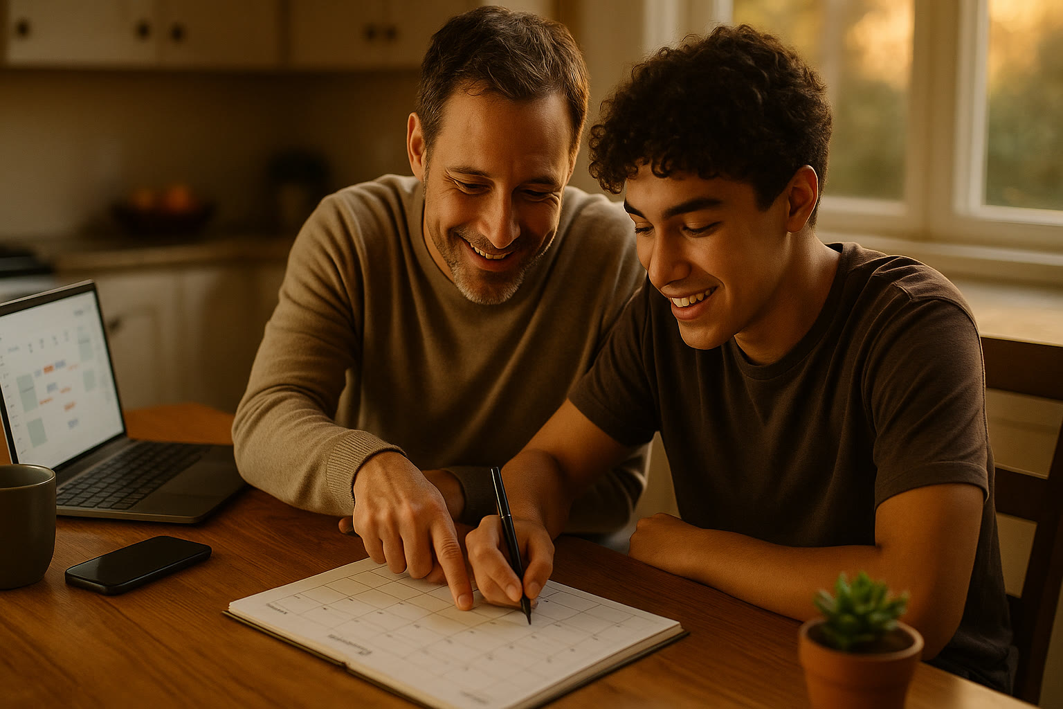 Photo Idea : A warm photo of a parent and teen sitting at a kitchen table with a laptop and calendar open, checking off items together.