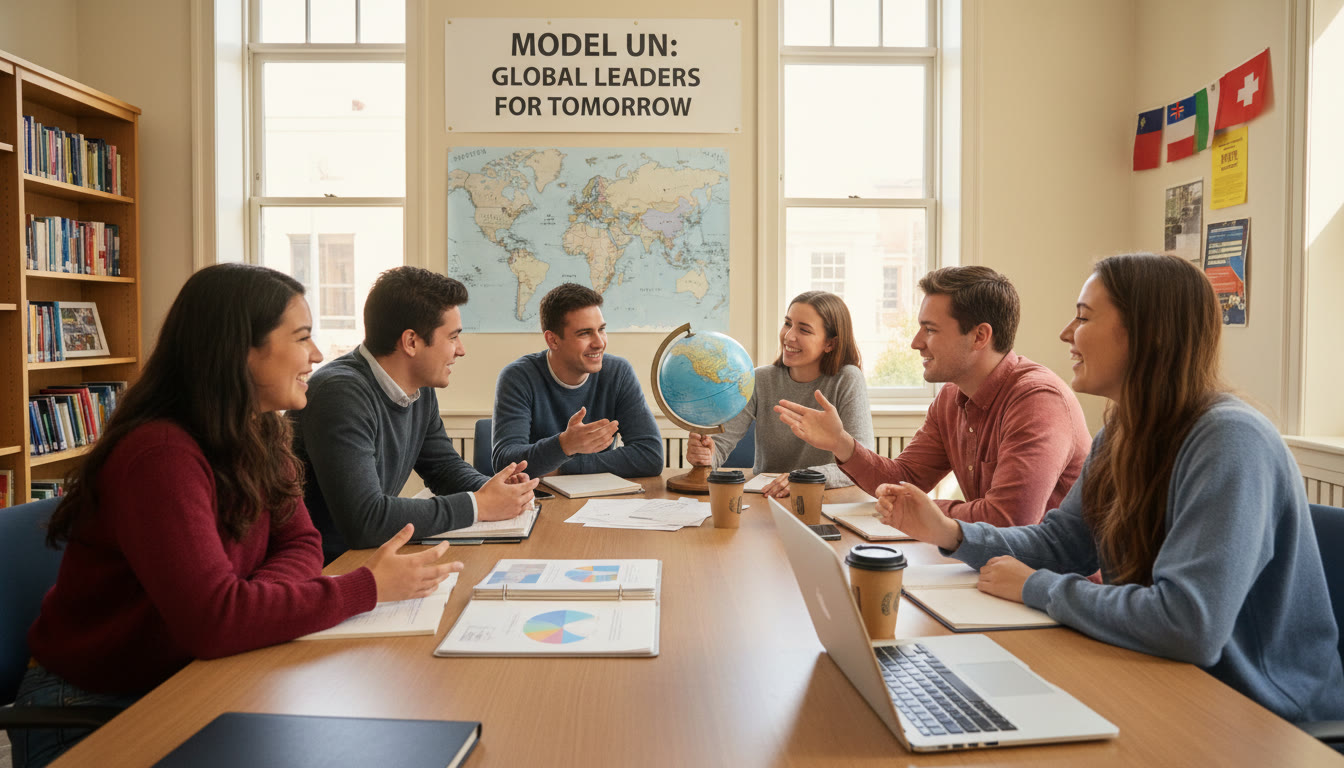 Photo Idea : Mid-article visual — a student-led group meeting (Model UN or a cultural club) around a table, animated discussion in progress. This image should show collaboration and engagement, fitting naturally after the section on enrichment activities.