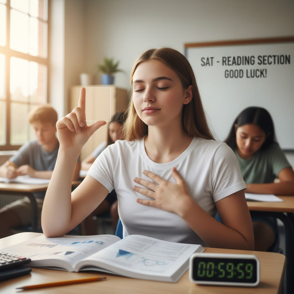 Close-up of a student doing box-breathing before a timed section; conveys a quiet pre-test ritual