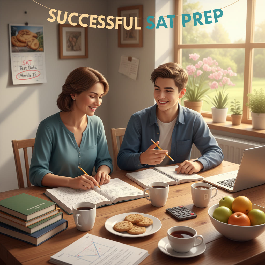 Photo idea: A warm kitchen scene where a parent and teen review SAT practice questions together at the table, with notebooks and a calm atmosphere.